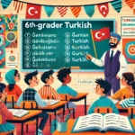 DALL·E 2025 01 01 13.34.30 A colorful and engaging illustration for 6th grade Turkish class. The image features a cheerful classroom scene with a teacher pointing to a blackboar